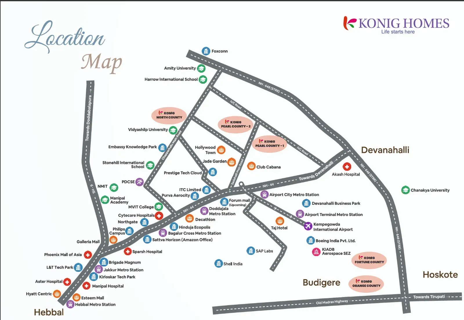 Konig Pearl County Location Map - Villas in Devanahalli on Sadahalli Main Rd with excellent connectivity to Bangalore International Airport